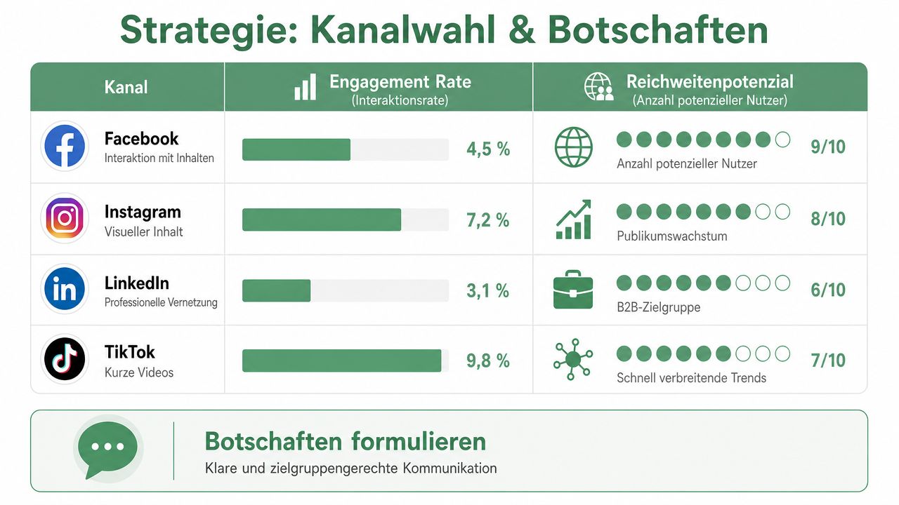 Übersichtstabelle zur Strategie für Social-Media-Kanäle mit Engagement-Raten und Reichweitenpotenzial für Facebook, Instagram, LinkedIn und TikTok.