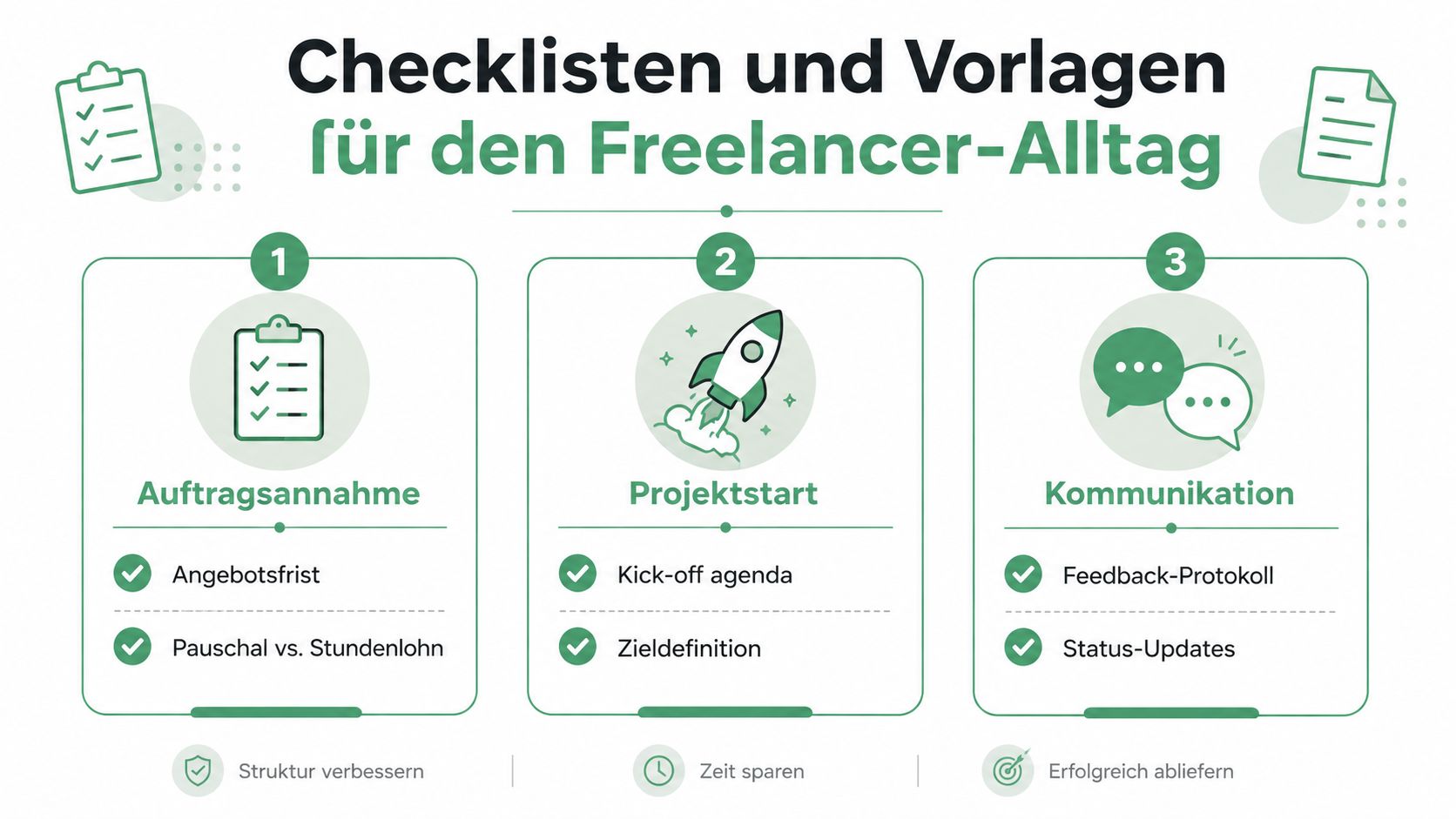 Eine Infografik über Checklisten und Vorlagen für den Freelancer-Alltag mit den Phasen Auftragsannahme, Projektstart und Kommunikation.