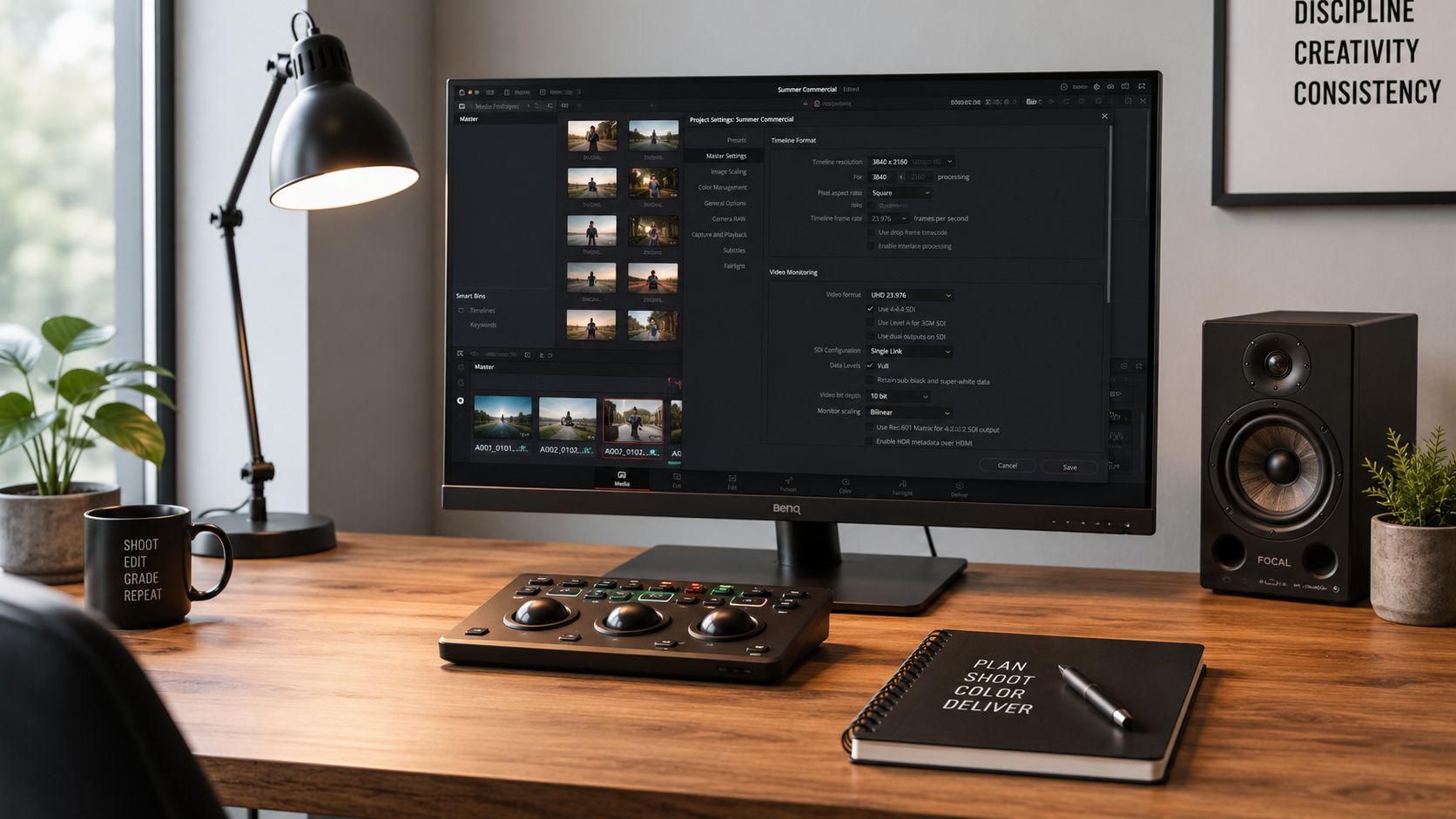 Ein professioneller Schreibtisch mit Monitor, der die Benutzeroberfläche der Videobearbeitungssoftware DaVinci Resolve für Farbkorrekturen anzeigt.