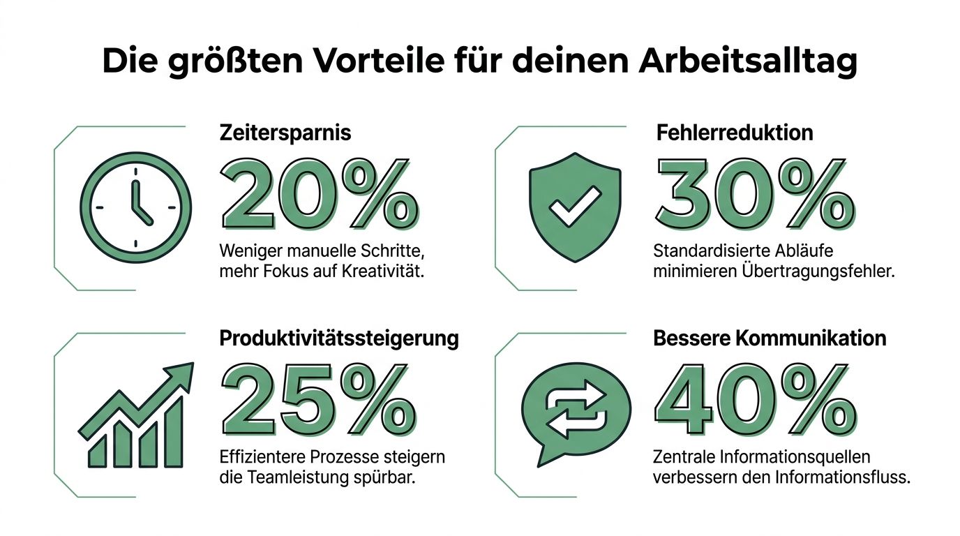 Eine Infografik mit vier Vorteilen für den Arbeitsalltag: Zeitersparnis, Fehlerreduktion, Produktivitätssteigerung und bessere Kommunikation durch digitale Prozesse.