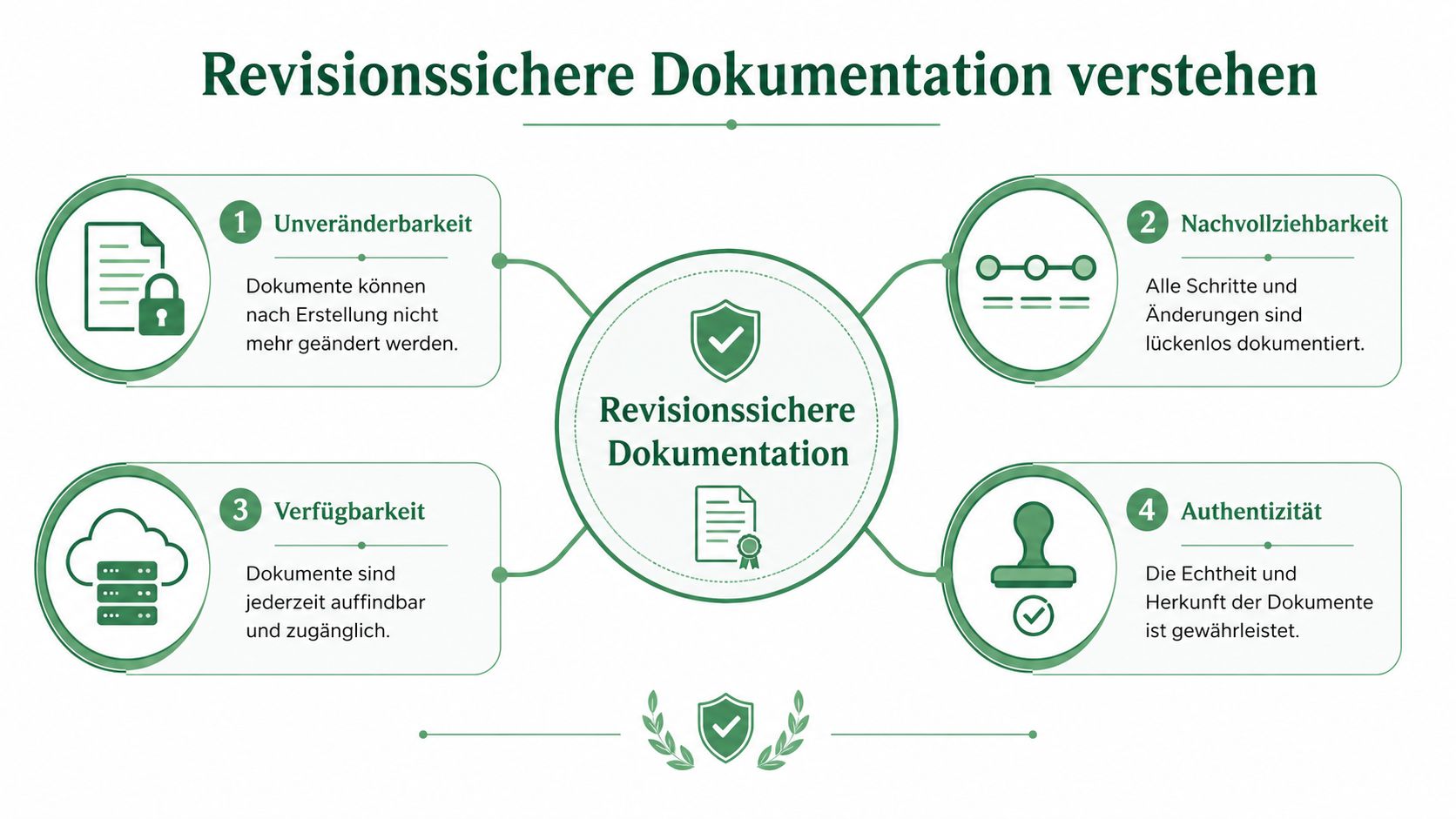 Eine Infografik erklärt die vier Kernaspekte der revisionssicheren Dokumentation: Unveränderbarkeit, Nachvollziehbarkeit, Verfügbarkeit und Authentizität.