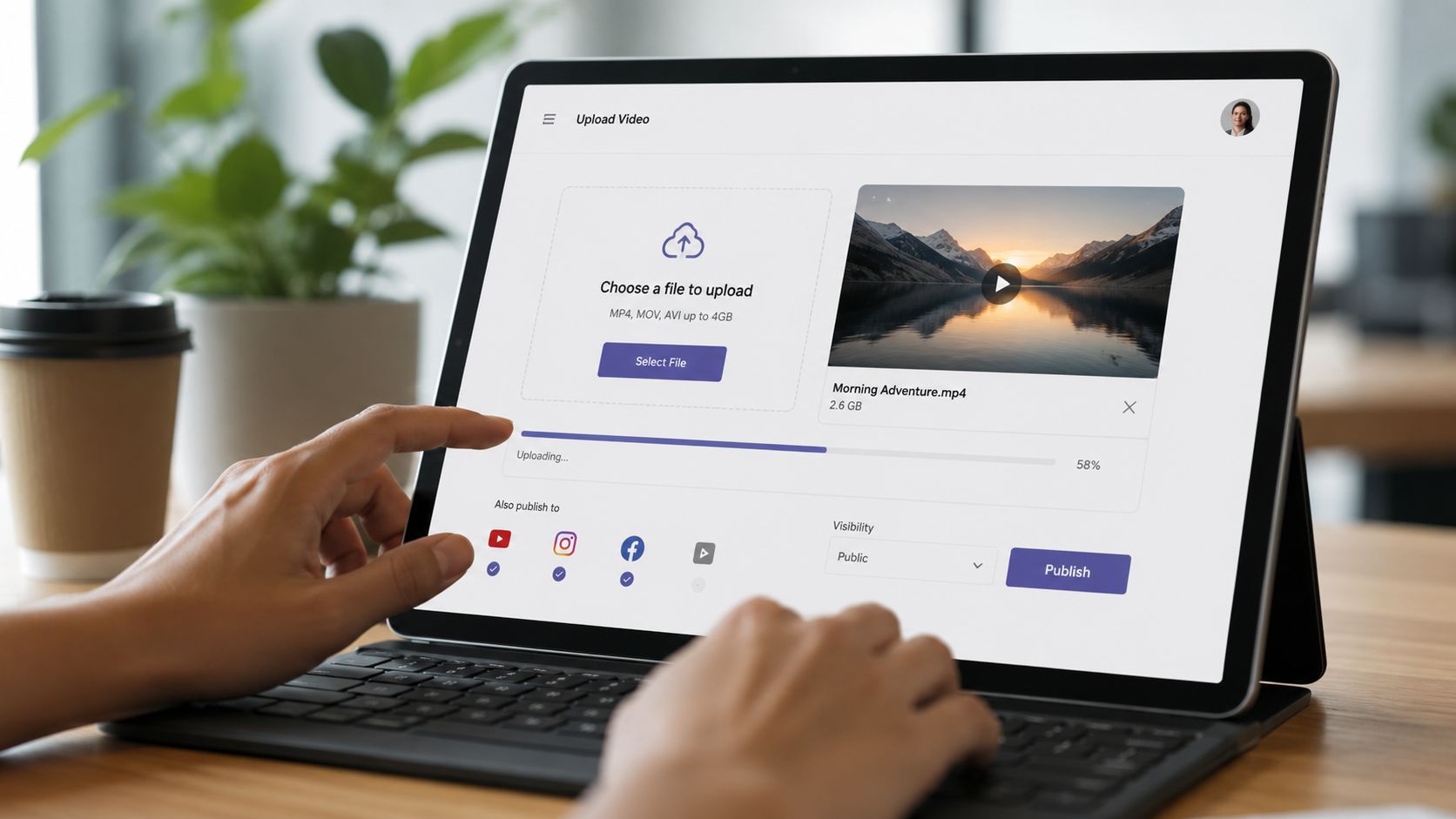 Eine Person nutzt ein Tablet, um ein Video auf eine Online-Plattform hochzuladen und zu veröffentlichen.