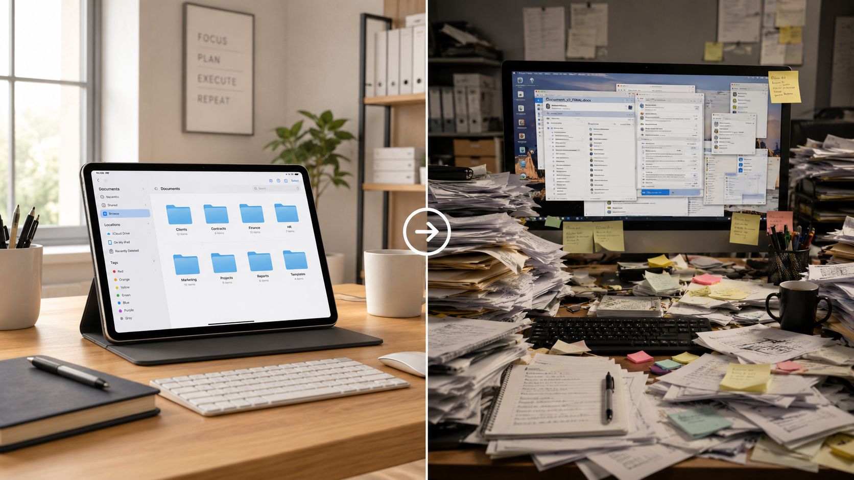 Ein direkter Vergleich zwischen einem organisierten digitalen Arbeitsplatz auf einem Tablet und einem chaotischen Schreibtisch voller Papierdokumente.