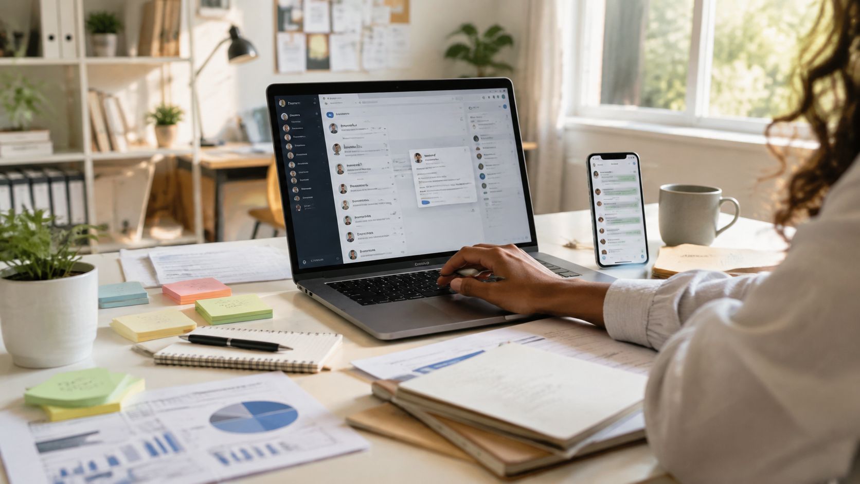 Eine Person arbeitet an einem Laptop in einem hellen Büro mit Notizen, Dokumenten und einem Smartphone.