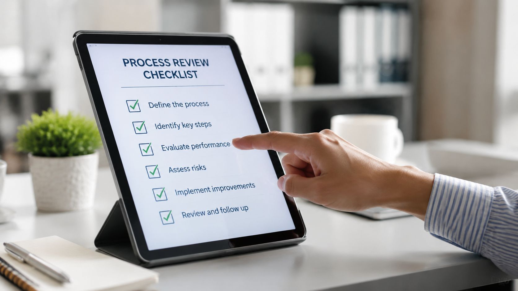 Ein Geschäftsmann tippt auf einem Tablet, das eine Prozessüberprüfungs-Checkliste auf einem Schreibtisch im Büro anzeigt.