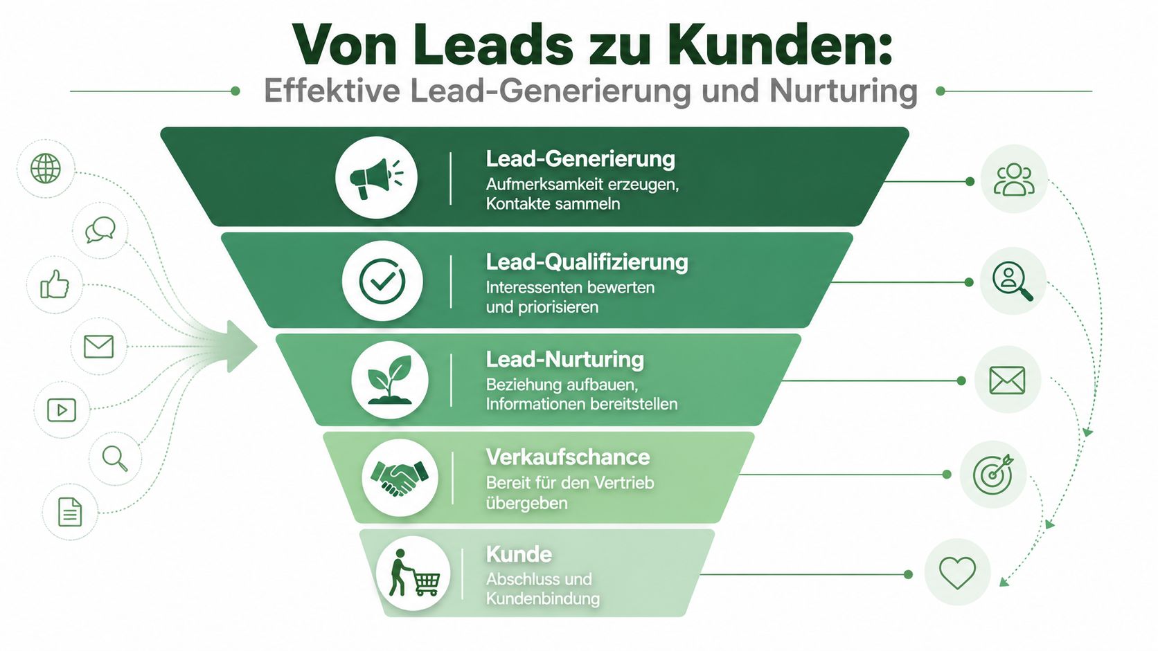Ein Trichterdiagramm zeigt den Prozess von der Lead-Generierung bis zur erfolgreichen Kundenbindung im Marketing.