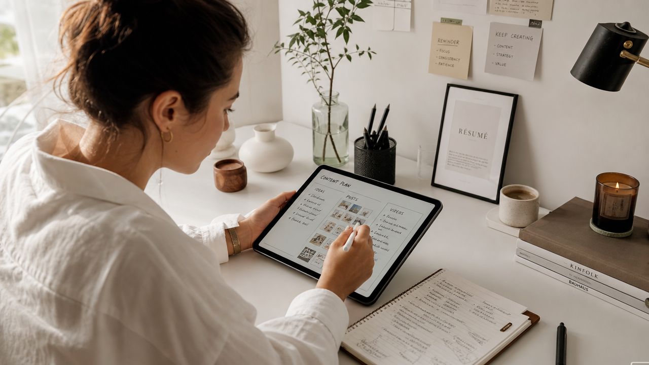 Eine Frau arbeitet an einem Tablet mit einem Content-Plan an einem ordentlichen Schreibtisch im Home-Office.