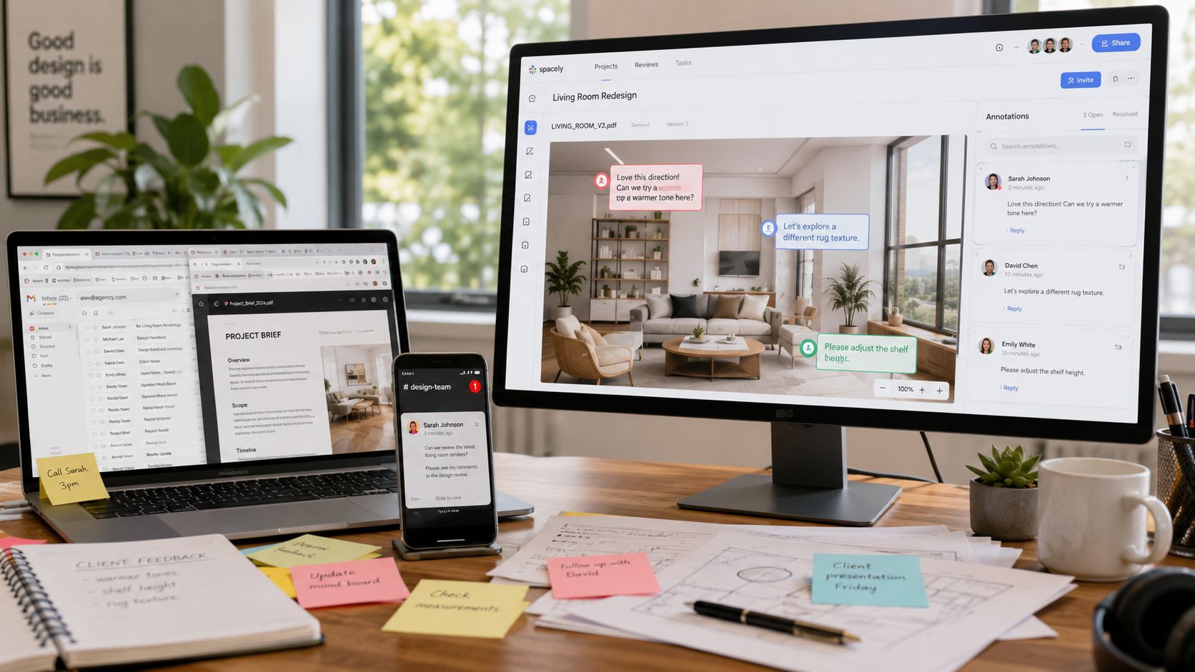 Ein Arbeitsplatz mit einem Computerbildschirm, der eine Design-Review-Software zeigt, neben einem Laptop, Smartphone und verschiedenen Notizzetteln.