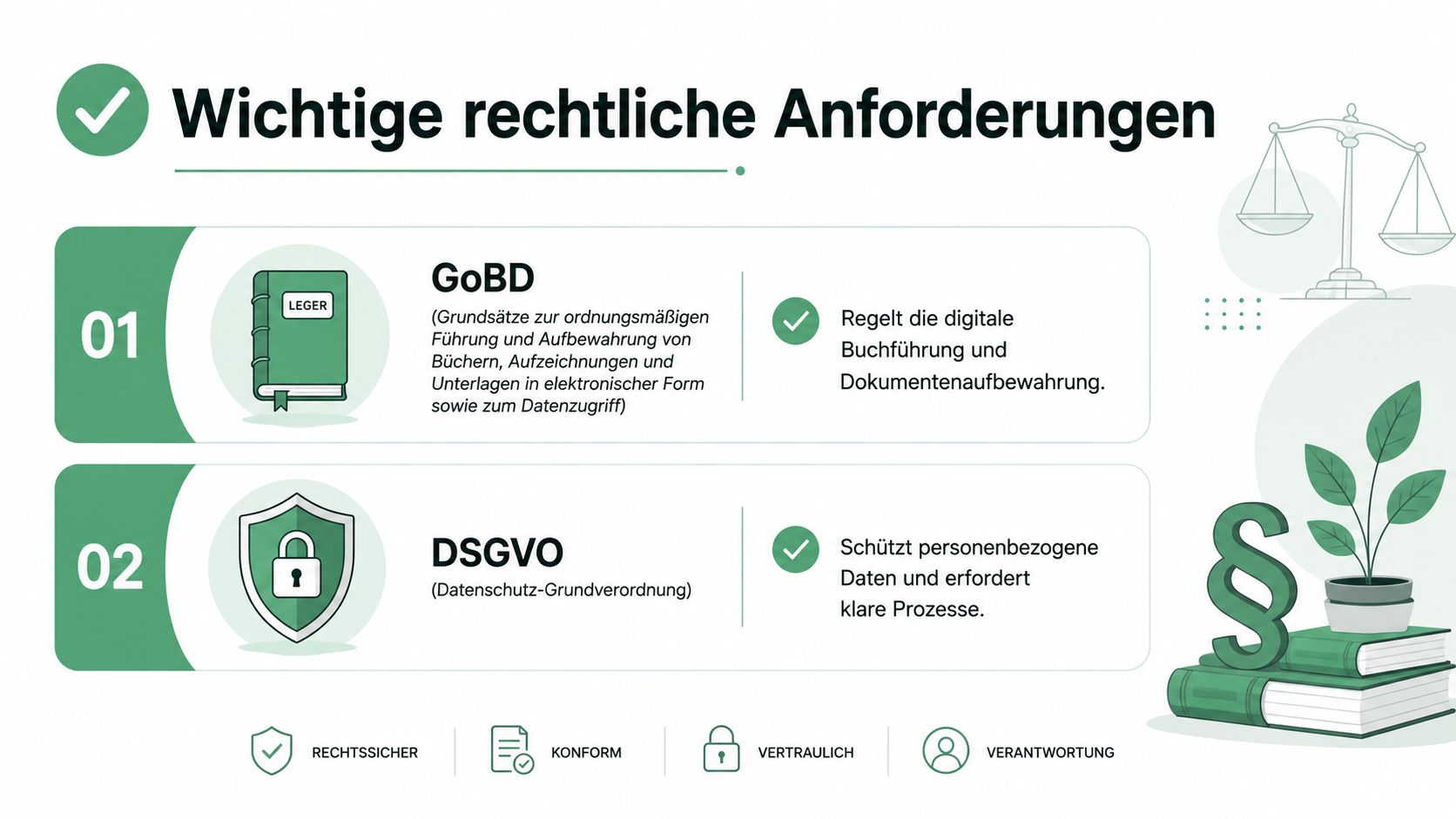Eine Infografik über wichtige rechtliche Anforderungen wie GoBD und DSGVO für eine revisionssichere Dokumentation im Unternehmen.
