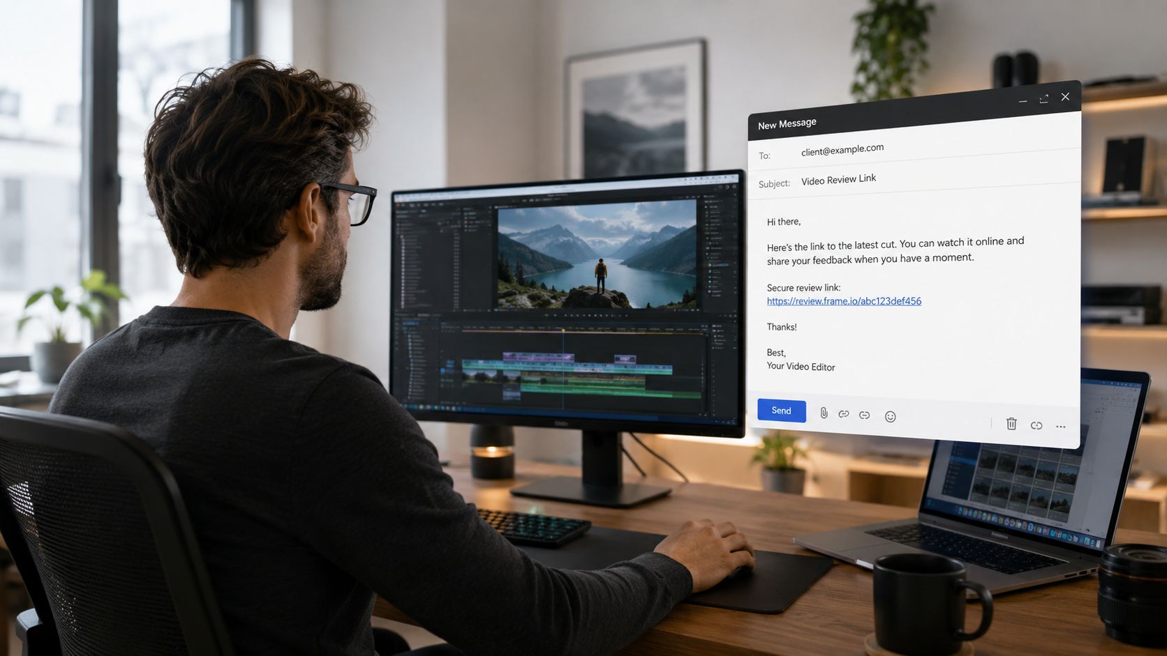 Ein Videobearbeiter sitzt vor seinem Computer und sendet einen Videolink per E-Mail an einen Kunden zur Überprüfung.