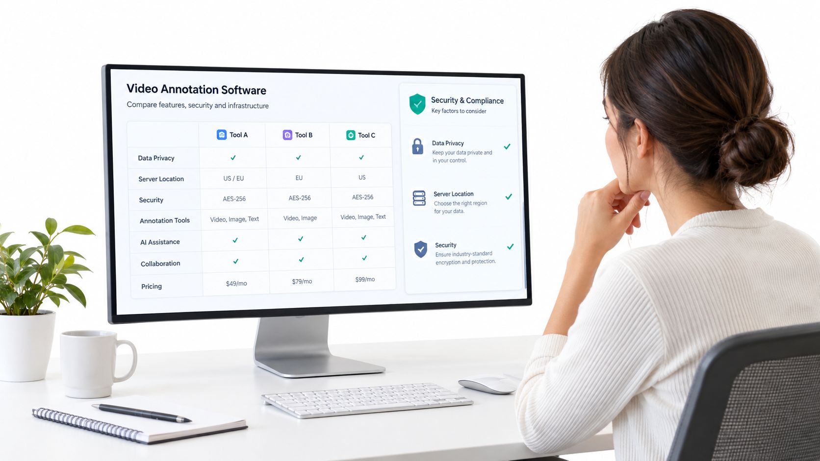 Eine Frau arbeitet an einem Computer, auf dessen Bildschirm ein Vergleich verschiedener Video-Annotation-Software-Anbieter zu sehen ist.