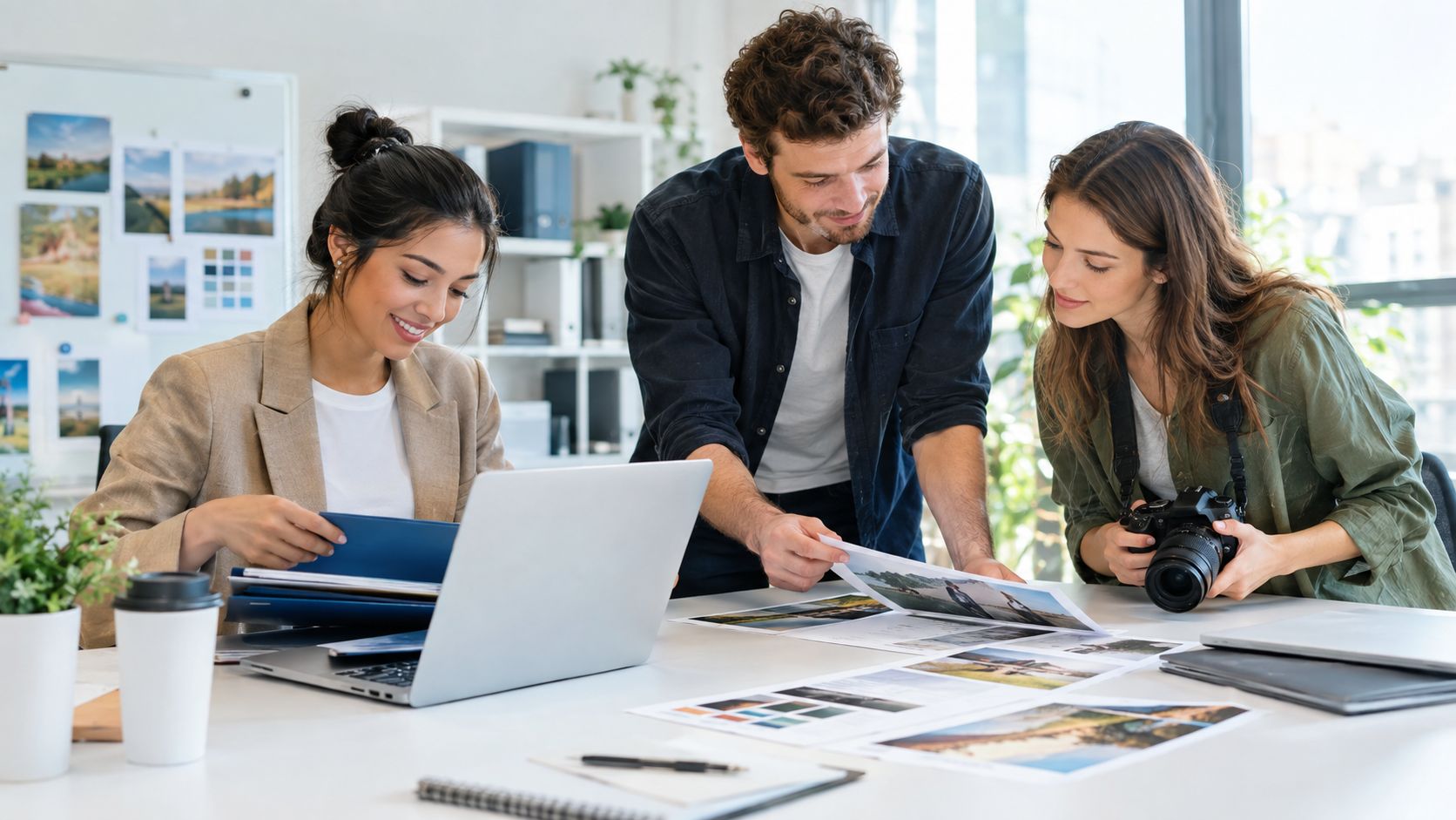 Ein professionelles Team von Designern arbeitet gemeinsam im Büro an kreativen Projekten mit Fotos und Laptops.