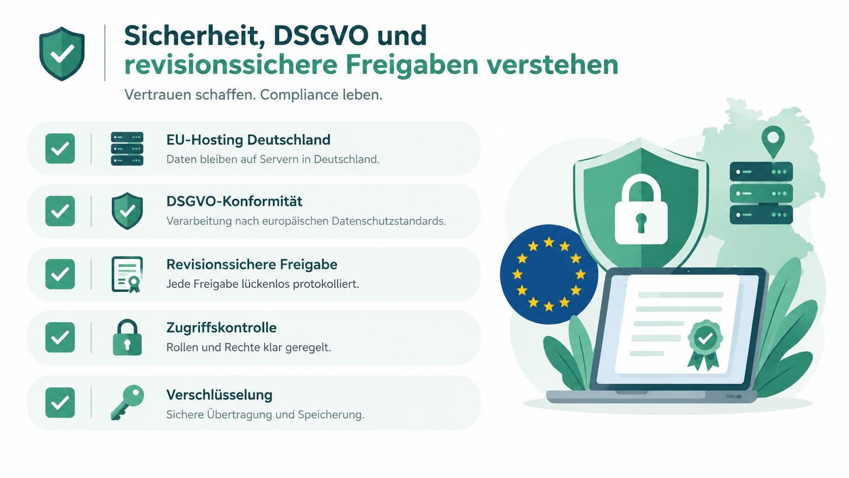 Sicherheits- und DSGVO-konforme Funktionen eines Tools für revisionssichere Freigaben von Daten auf deutschen Servern.