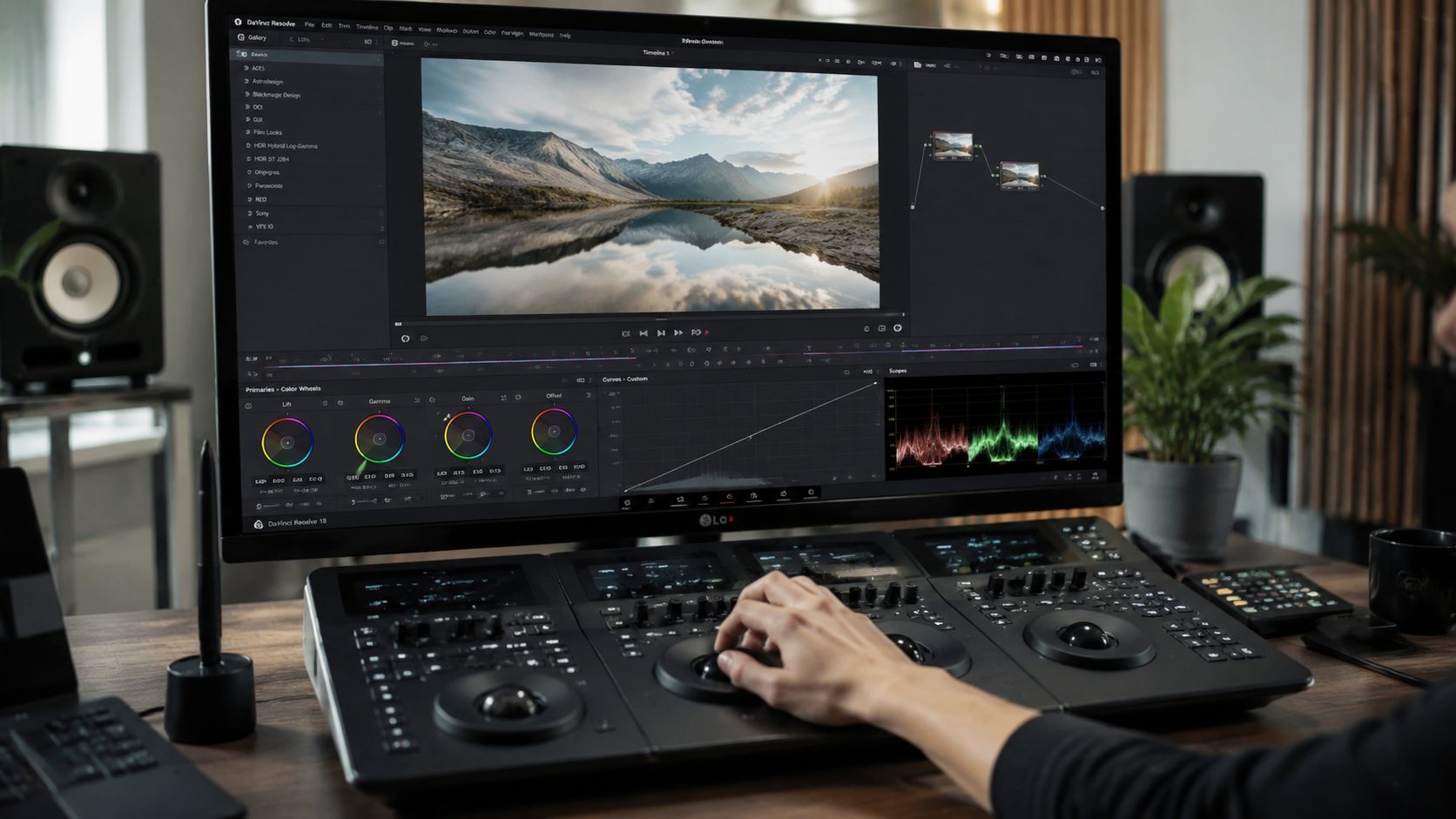 Ein professioneller Editor arbeitet mit DaVinci Resolve und einem spezialisierten Mischpult an der Farbkorrektur eines Landschaftsvideos.