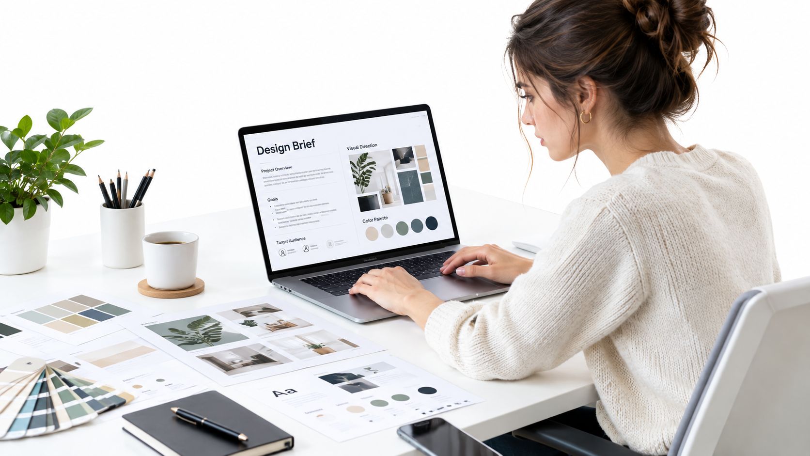 Eine Designerin arbeitet an ihrem Laptop an einer Design-Briefing-Vorlage, während sie Farbkarten und Notizbücher auf dem Schreibtisch nutzt.