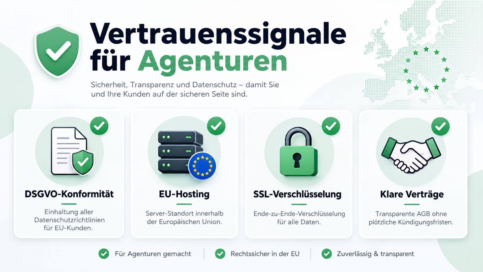 Infografik zeigt Vertrauenssignale für Agenturen wie DSGVO-Konformität, EU-Hosting, SSL-Verschlüsselung und transparente Verträge für mehr Datensicherheit.