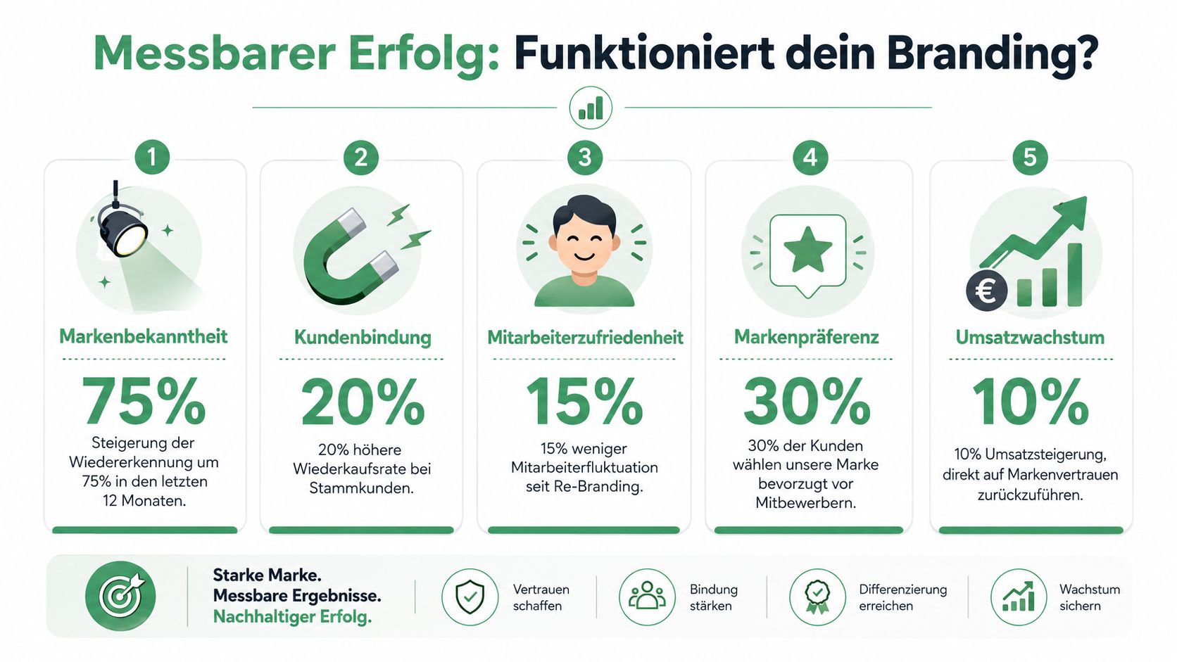 Eine Infografik, die die messbaren Vorteile von Branding durch fünf verschiedene Leistungsindikatoren visuell darstellt.