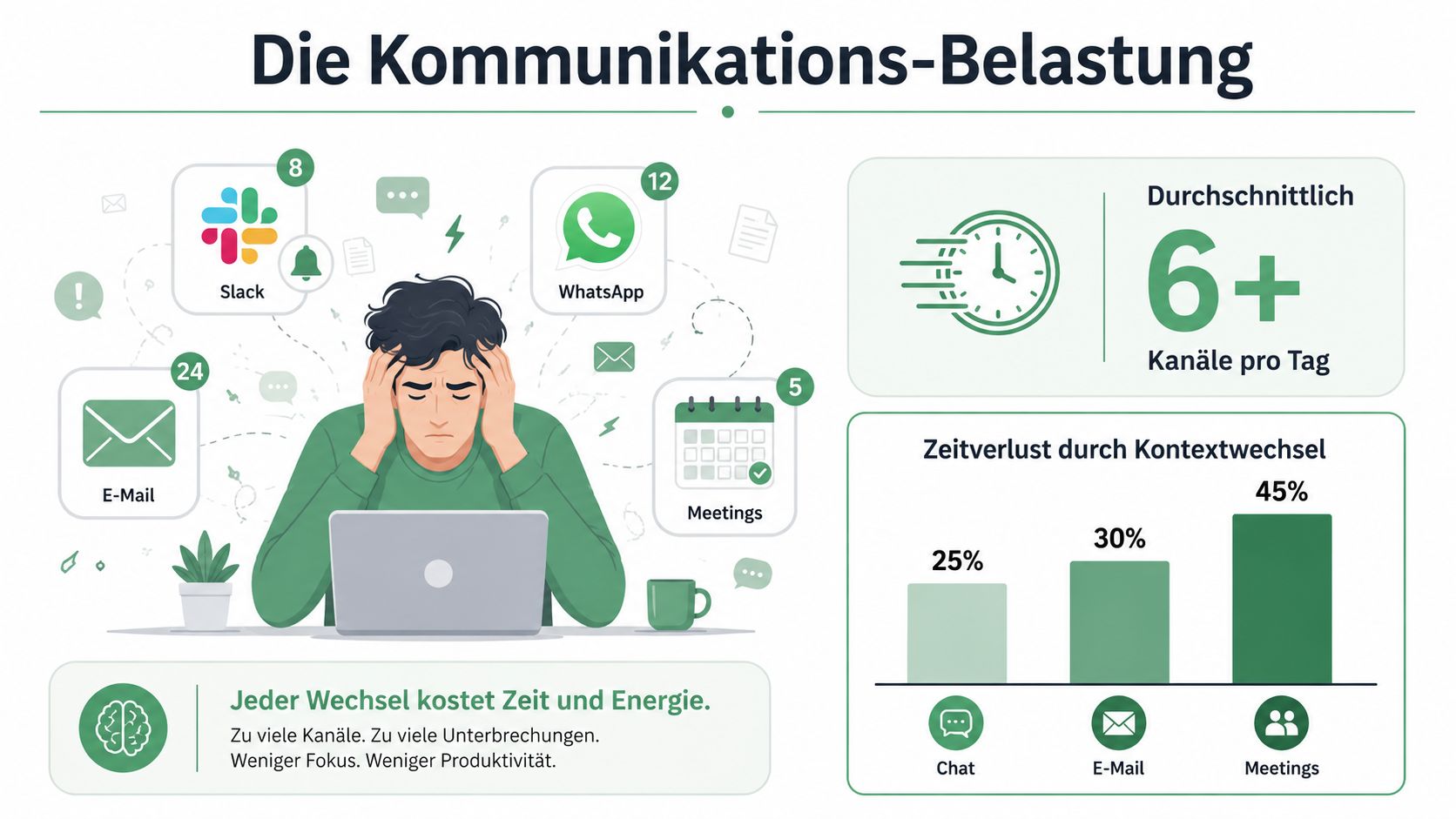 Eine Infografik über Kommunikations-Belastung und den Zeitverlust durch ständige Unterbrechungen im Arbeitsalltag bei Mitarbeitern.