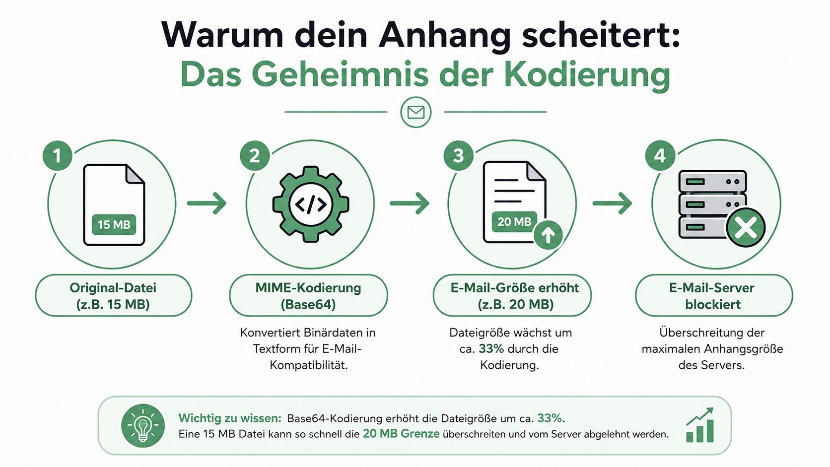 Infografik zur Erklärung, warum E-Mail-Anhänge durch die Base64-Kodierung größer werden und vom Server abgelehnt werden können.