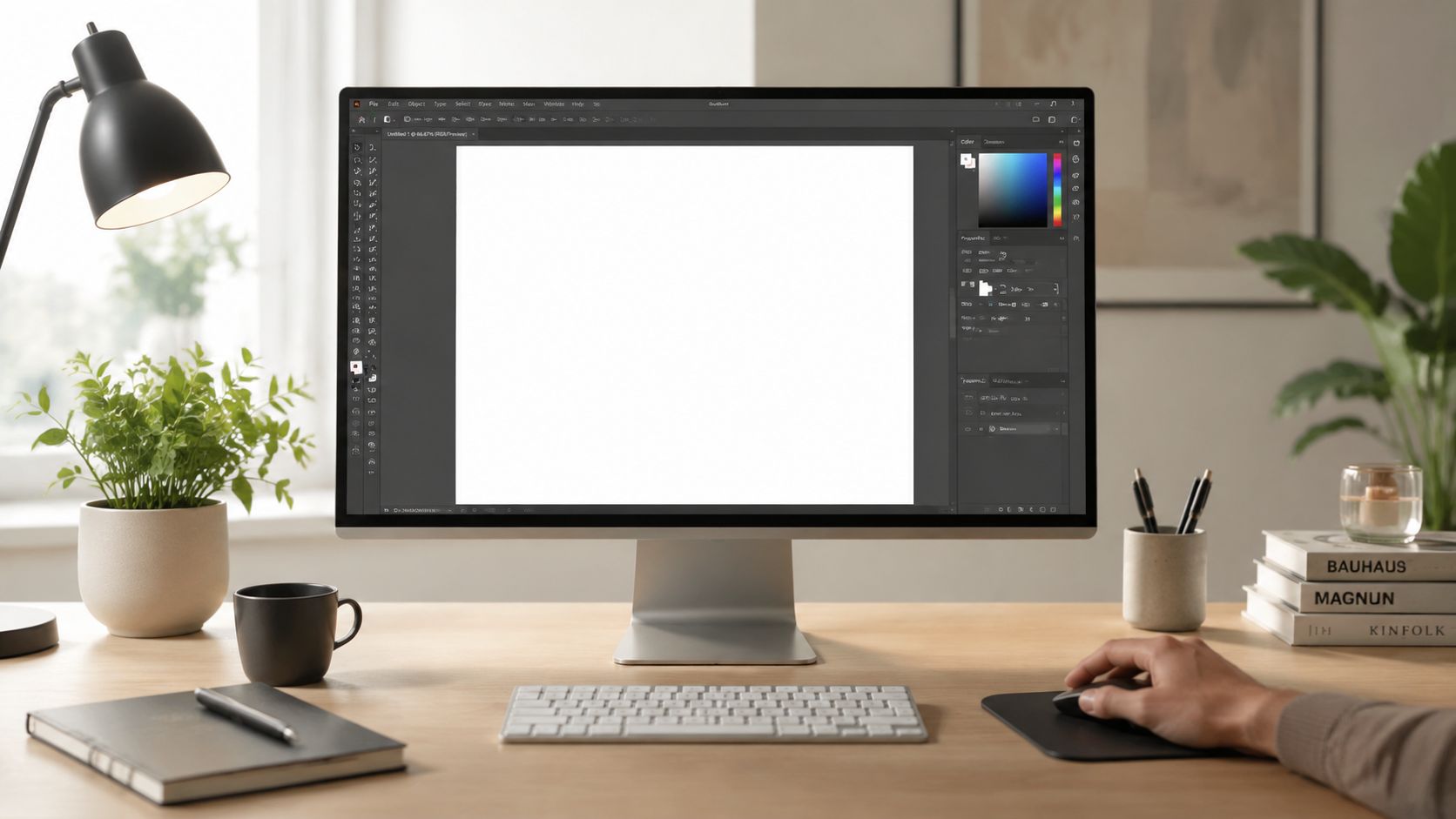 Ein Arbeitsplatz mit Computerbildschirm, der eine Grafikdesign-Software zeigt, neben einer Topfpflanze und einer Tasse Kaffee auf einem Schreibtisch.