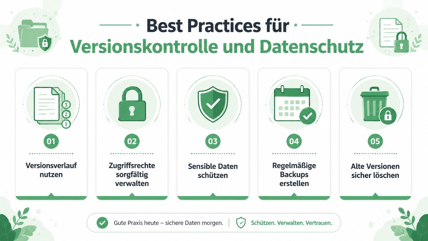 Eine Infografik mit fünf Best Practices für eine sichere Versionskontrolle und Datenschutz im digitalen Arbeitsalltag.