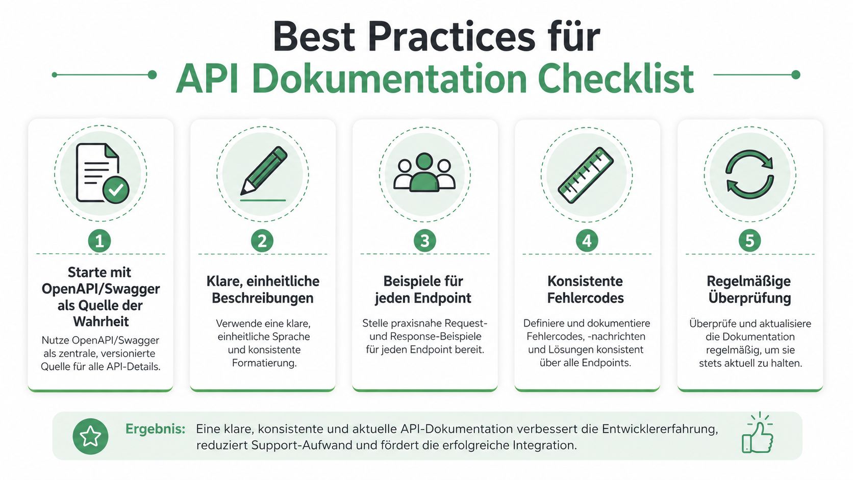 Eine visuelle Checkliste mit fünf Best Practices für eine klare, konsistente und aktuelle API-Dokumentation in Softwareprojekten.