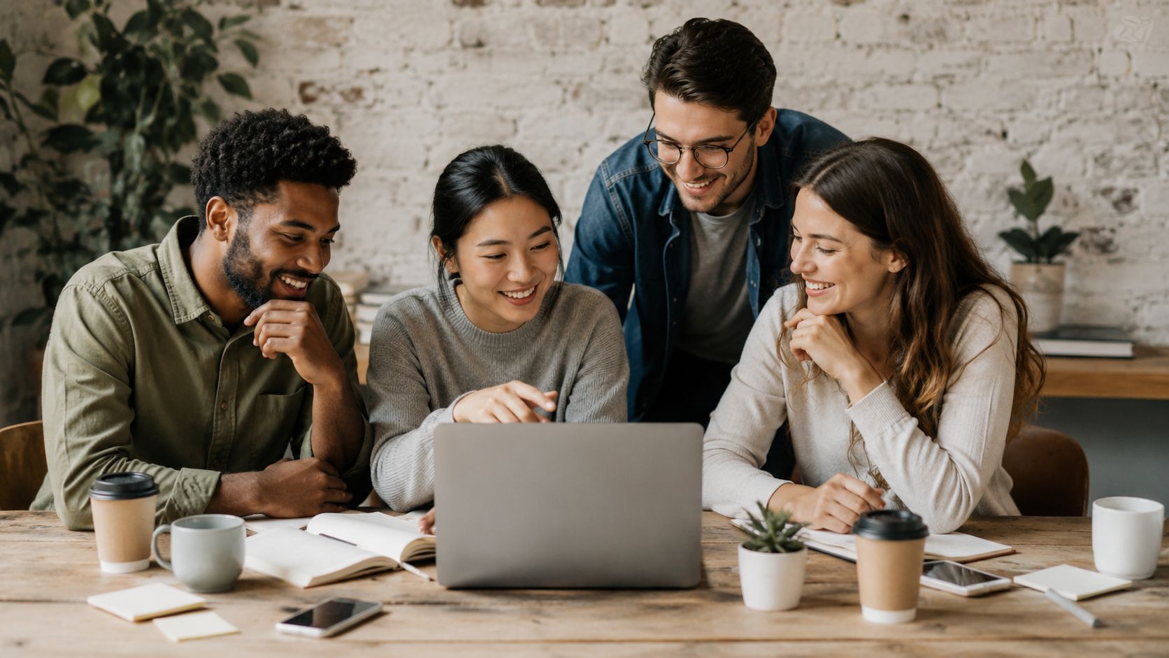 Ein diverses Team von vier jungen Menschen arbeitet zusammen an einem Laptop an einem Holztisch.