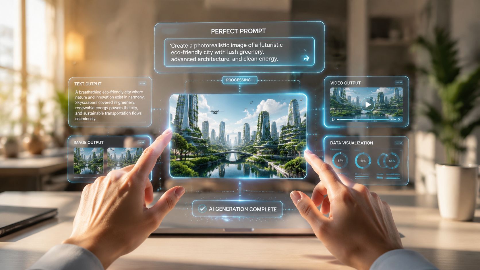 Eine Person nutzt eine holografische Benutzeroberfläche zur Erstellung von KI-generierten Bildern einer futuristischen, ökologischen Stadt.