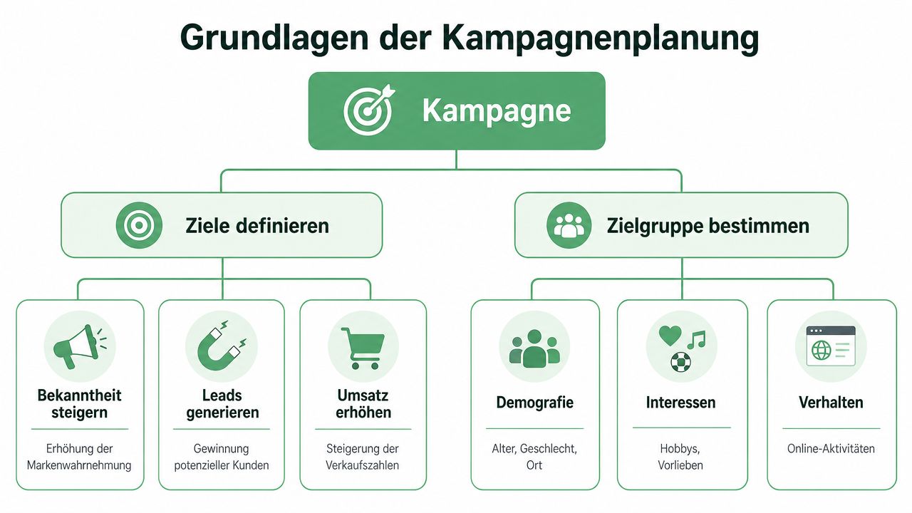Eine Infografik zur Kampagnenplanung, die Ziele und Zielgruppen für erfolgreiche Marketing-Kampagnen in einem übersichtlichen Diagramm darstellt.