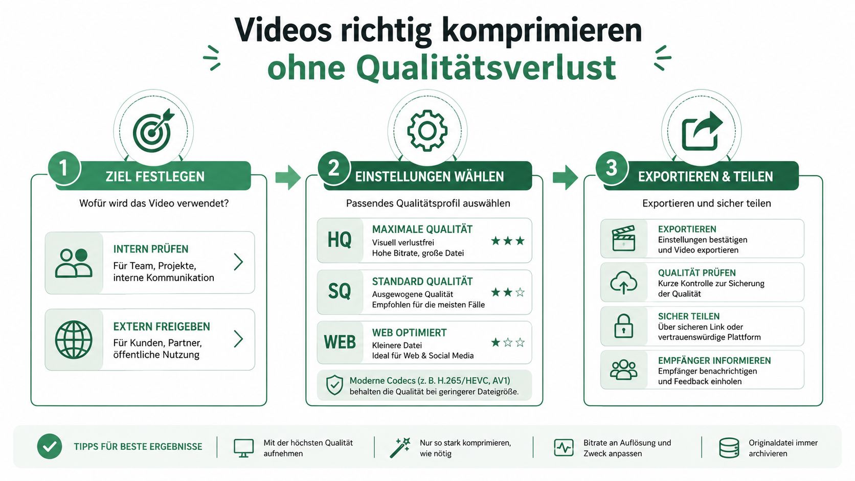 Infografik zeigt eine Schritt-für-Schritt-Anleitung, wie man Videos effizient ohne sichtbaren Qualitätsverlust komprimiert und sicher teilt.