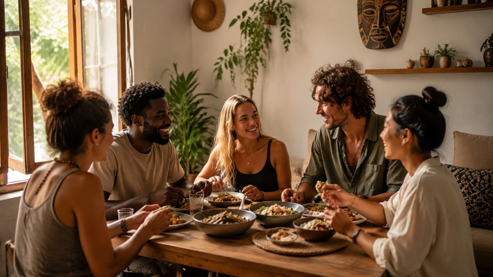 Eine vielfältige Gruppe von Freunden genießt gemeinsam ein gesundes Abendessen in einer warmen und gemütlichen Wohnumgebung.