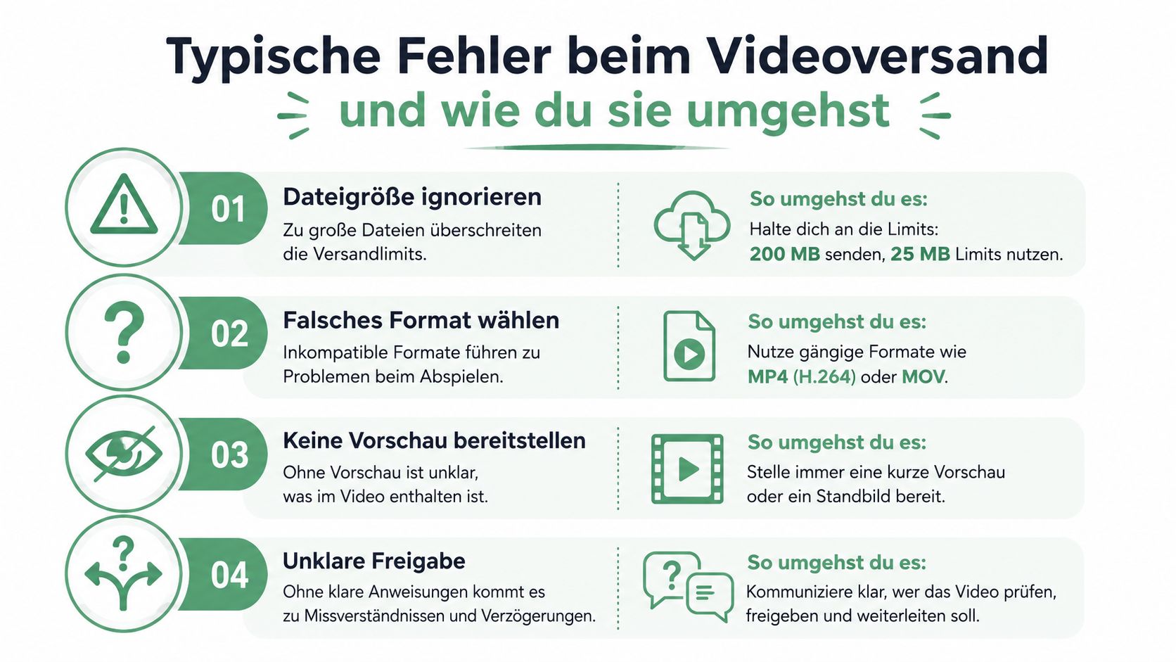 Infografik zeigt vier typische Fehler beim Versenden von Videos per E-Mail und gibt hilfreiche Lösungsvorschläge für die Praxis.