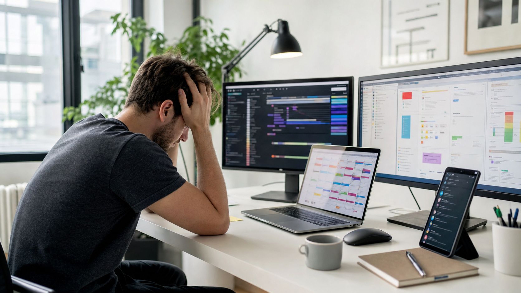 Ein gestresster Freelancer sitzt frustriert vor mehreren Bildschirmen in einem modernen Homeoffice an seinem Schreibtisch.