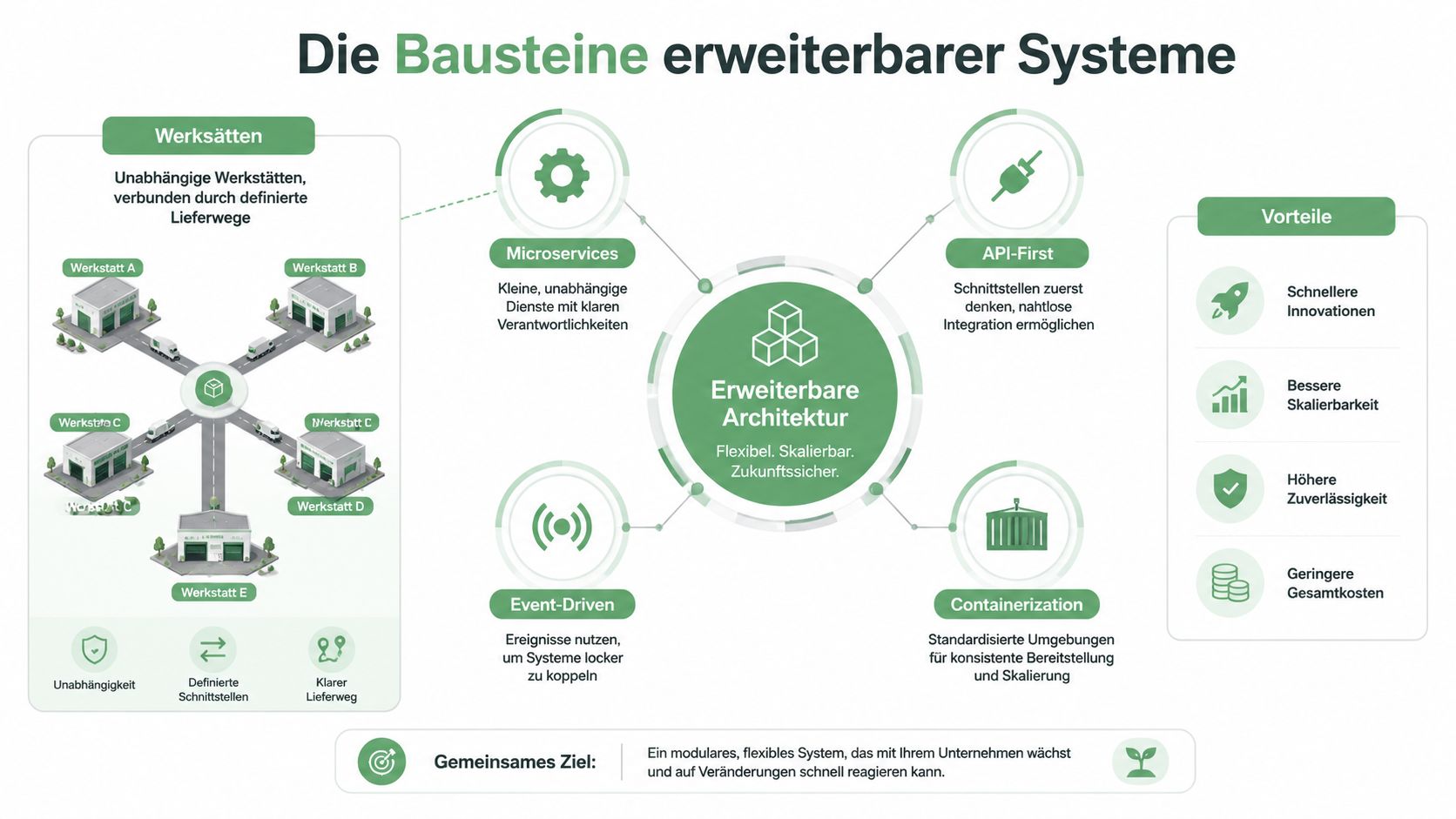 Eine Infografik zur Erklärung von erweiterbarer Systemarchitektur durch Module wie Microservices, API-First, Event-Driven und Containerisierung.