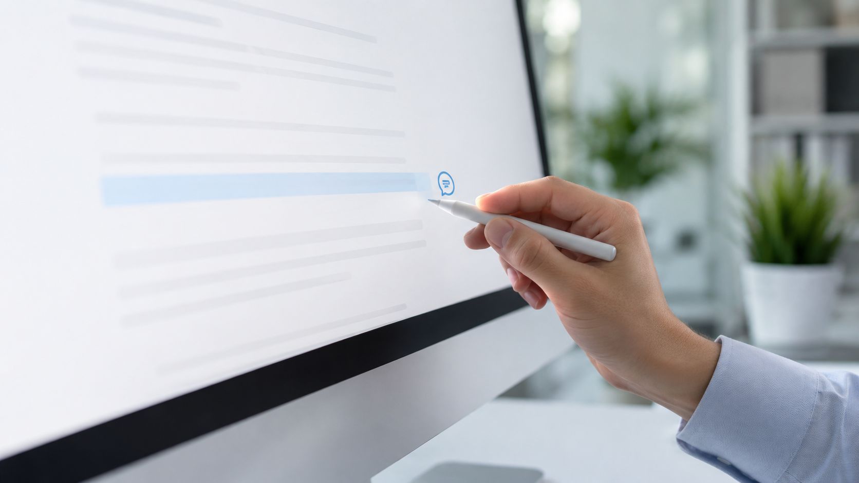 Eine Hand benutzt einen Eingabestift an einem Computerbildschirm, um eine Kommentarfunktion in einem Textdokument zu aktivieren.