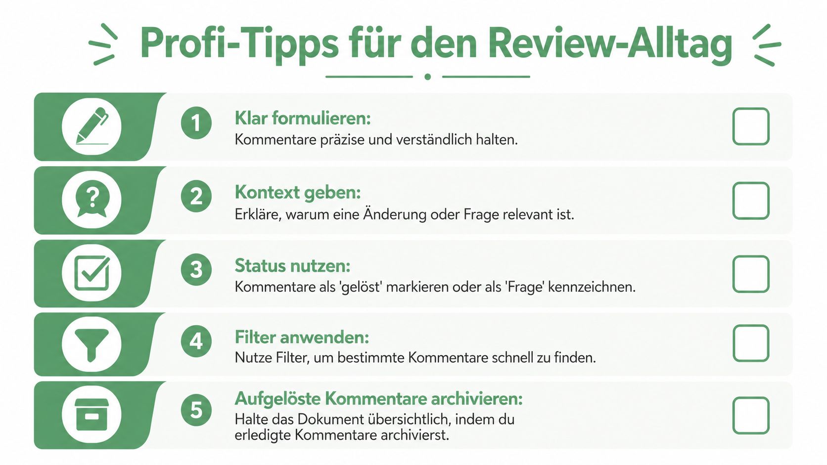 Eine Infografik mit fünf Profi-Tipps zur effizienten Verwaltung von Kommentaren im beruflichen Review-Alltag.