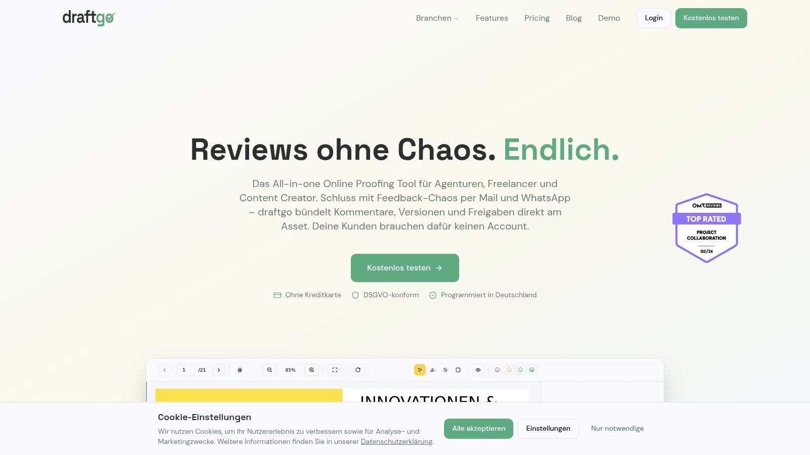Screenshot der draftgo-Startseite