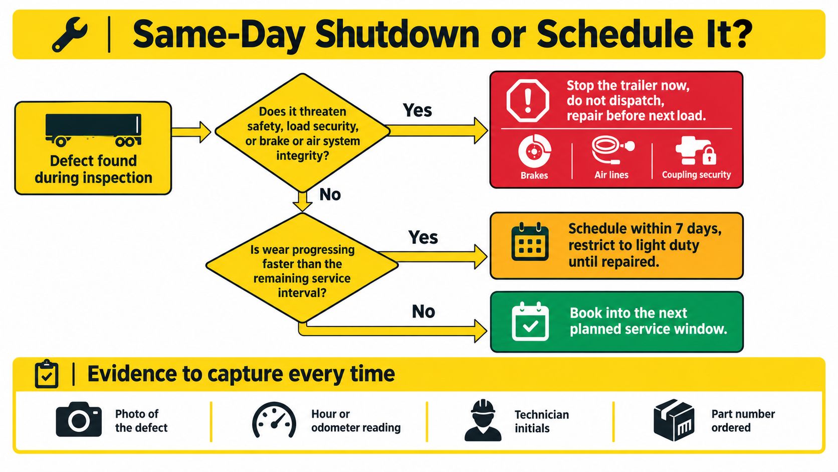 A flowchart guide for fleet operators determining whether to immediately repair or schedule maintenance for commercial trailer defects.