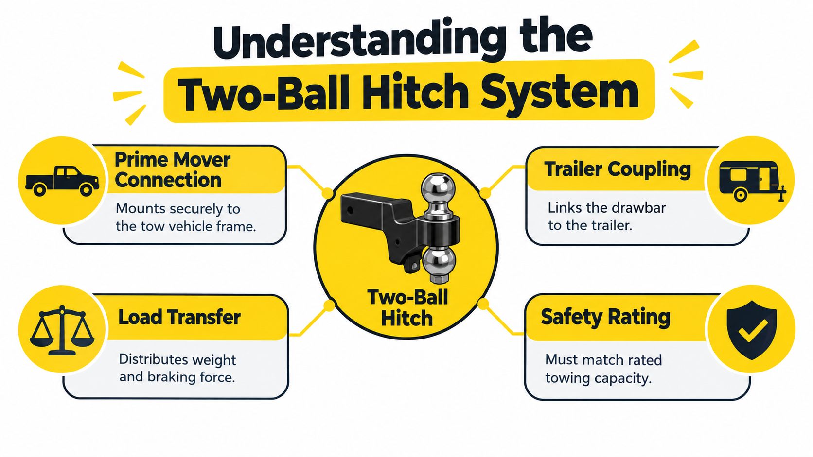An infographic titled Understanding the Two-Ball Hitch System explaining its four key components and functional aspects.