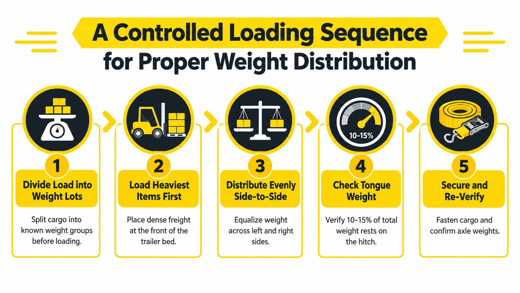 An infographic detailing a five-step controlled loading sequence to achieve proper weight distribution for trailer safety.