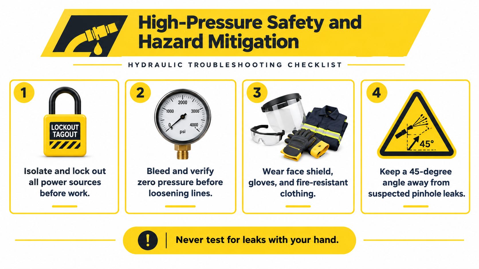 A safety infographic titled High-Pressure Safety and Hazard Mitigation illustrating four essential hydraulic troubleshooting and maintenance steps.