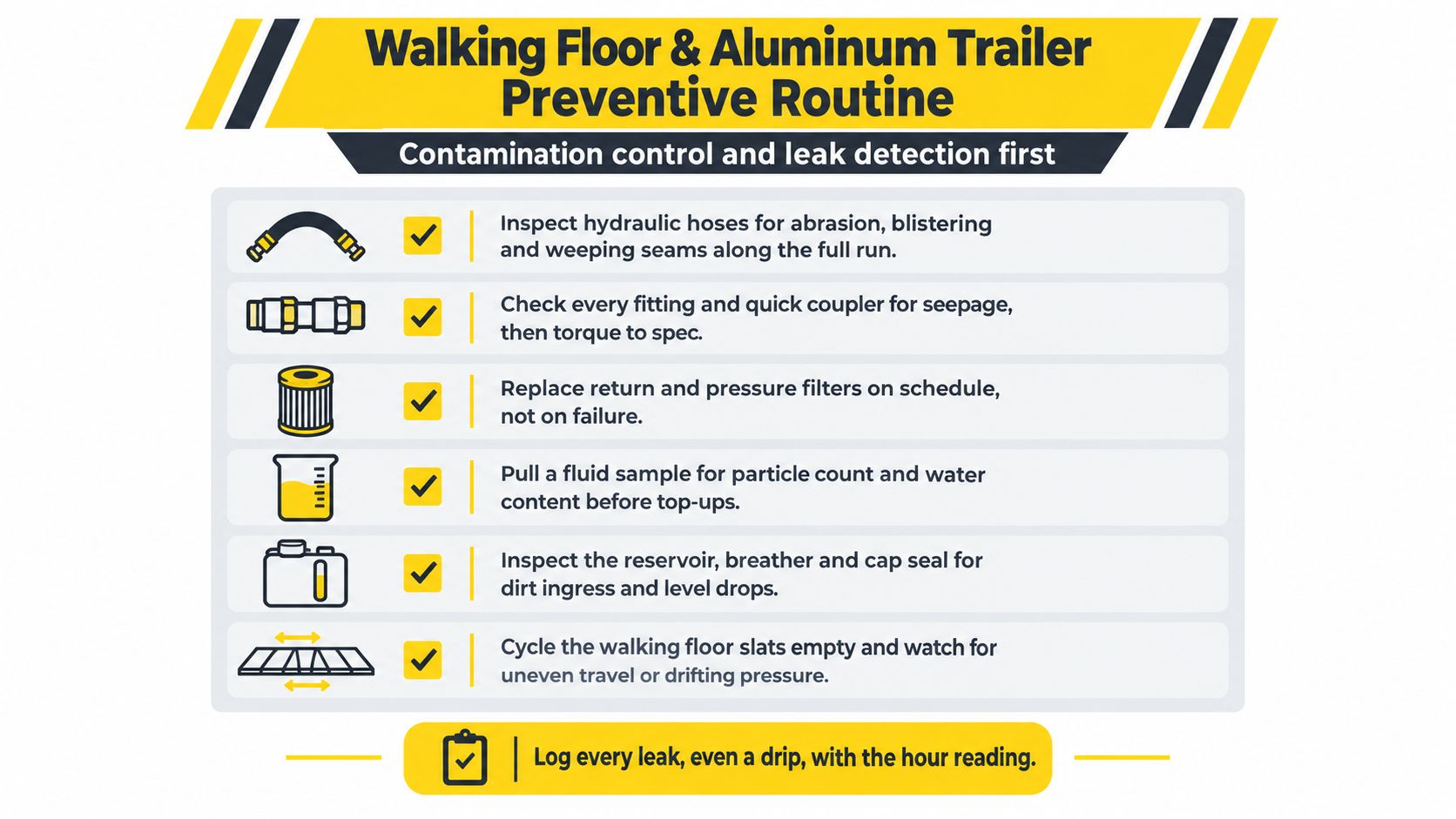 An infographic detailing a six-step preventive maintenance checklist for walking floor and aluminum commercial trailers.