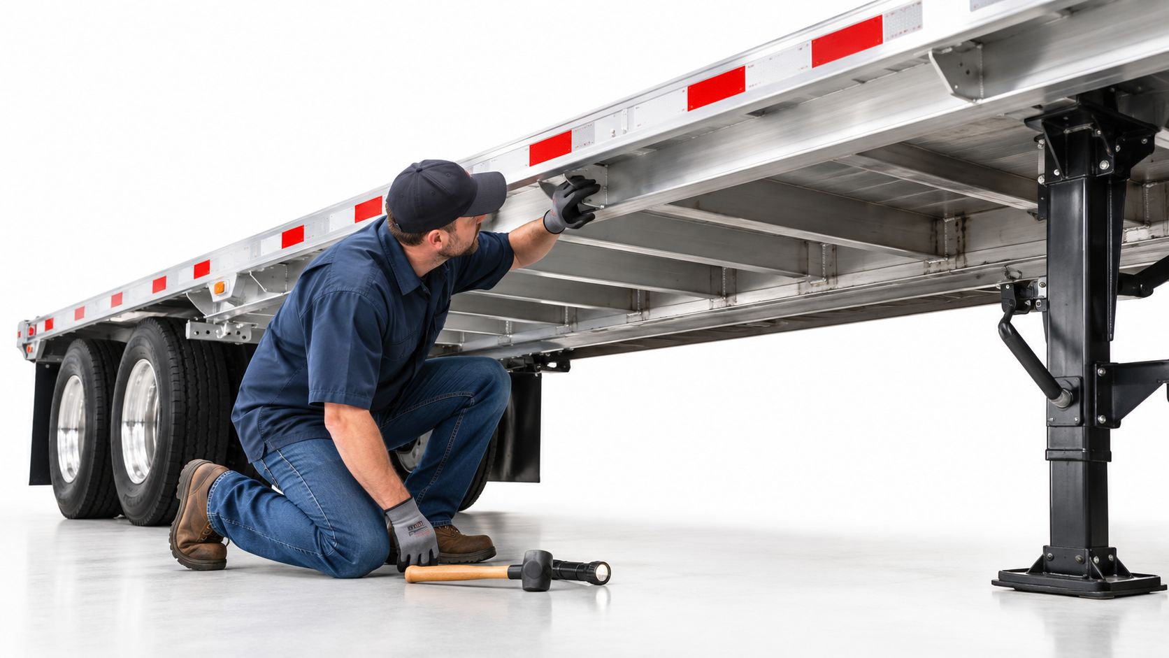 A technician kneeling and inspecting the undercarriage of a flatbed trailer while holding a flashlight hammer.