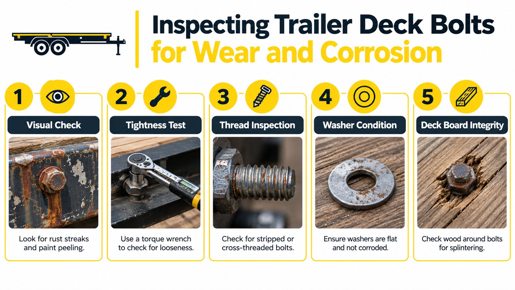 An infographic showing five steps to inspect trailer deck bolts for signs of wear and corrosion.