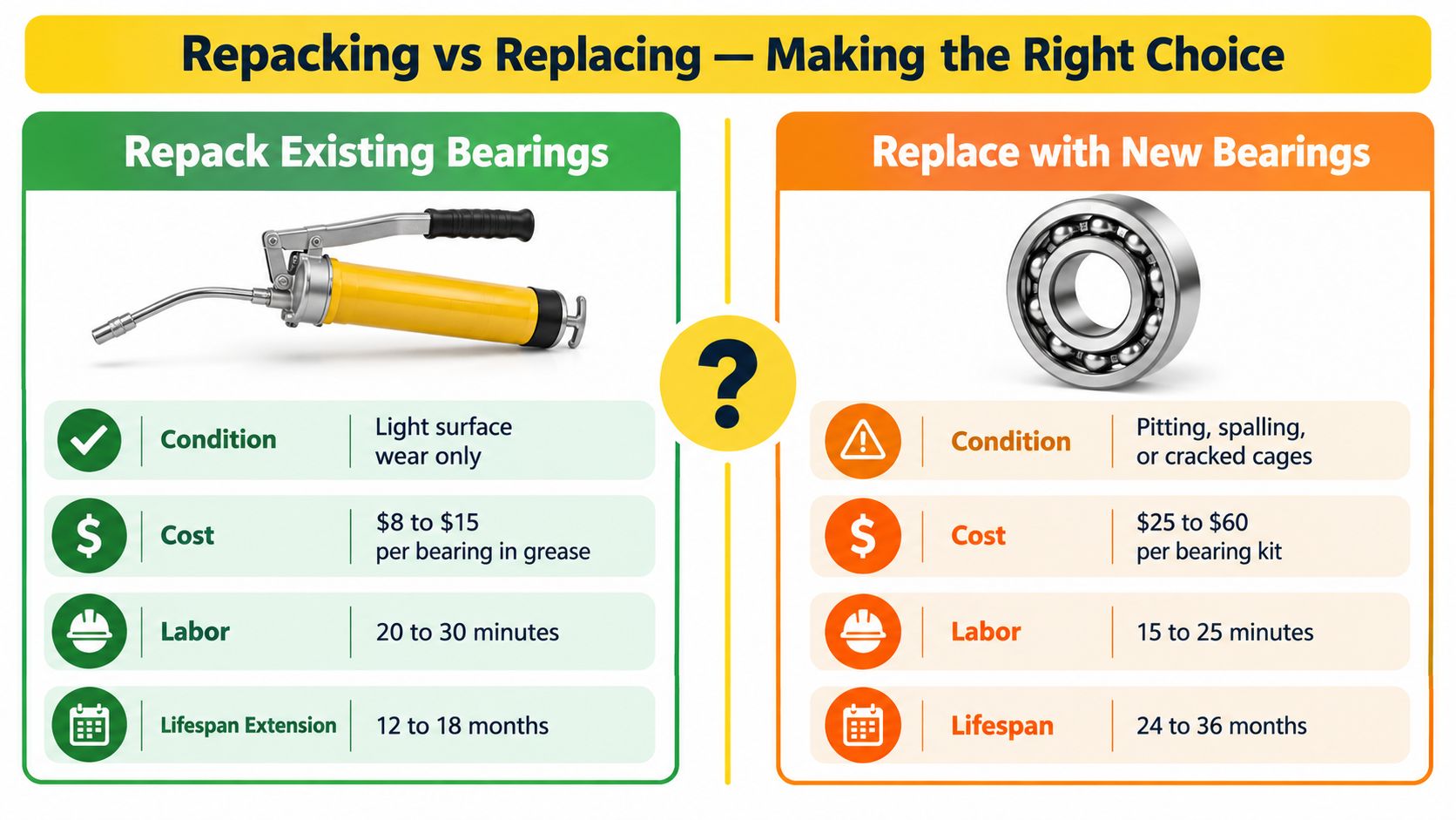 A comparison chart highlighting when to repack existing trailer wheel bearings versus replacing them with new ones.