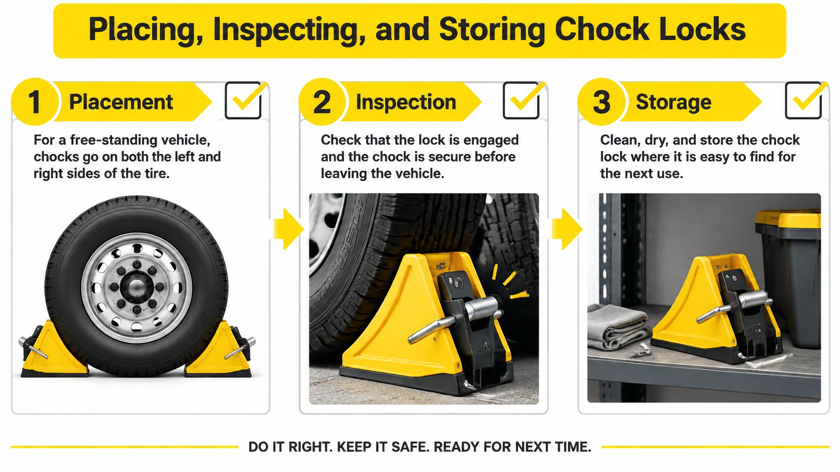 A three-step infographic showing how to properly place, inspect, and store yellow trailer wheel chock locks.