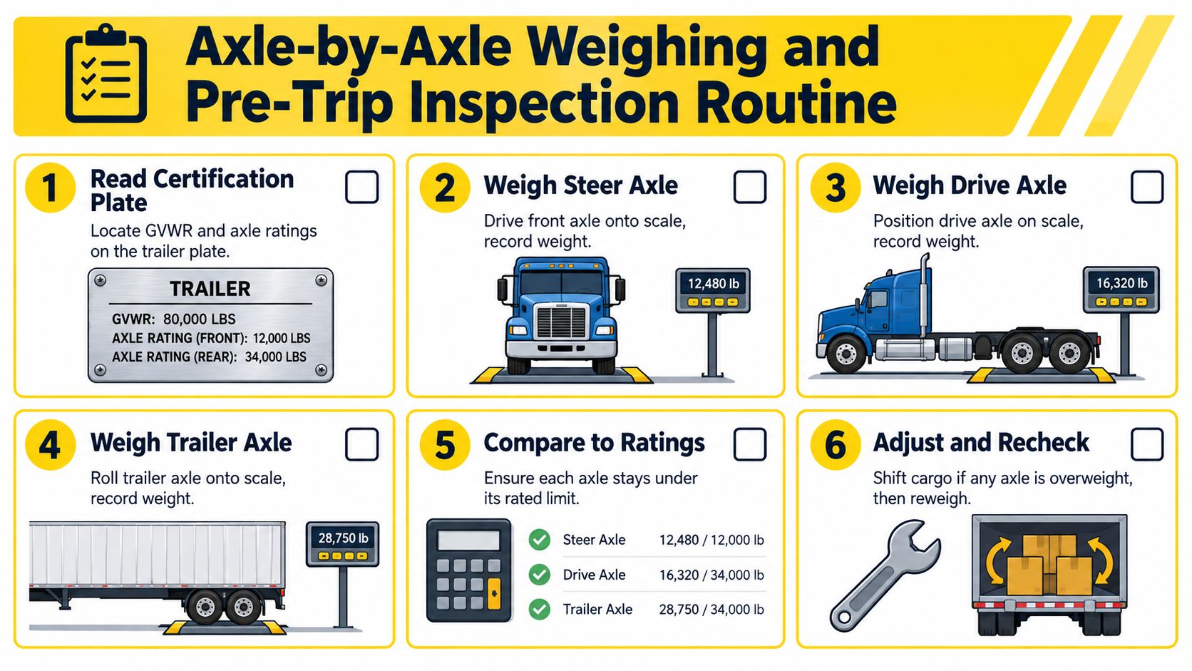 A six-step infographic detailing the routine for weighing a semi-truck trailer and ensuring proper weight distribution.