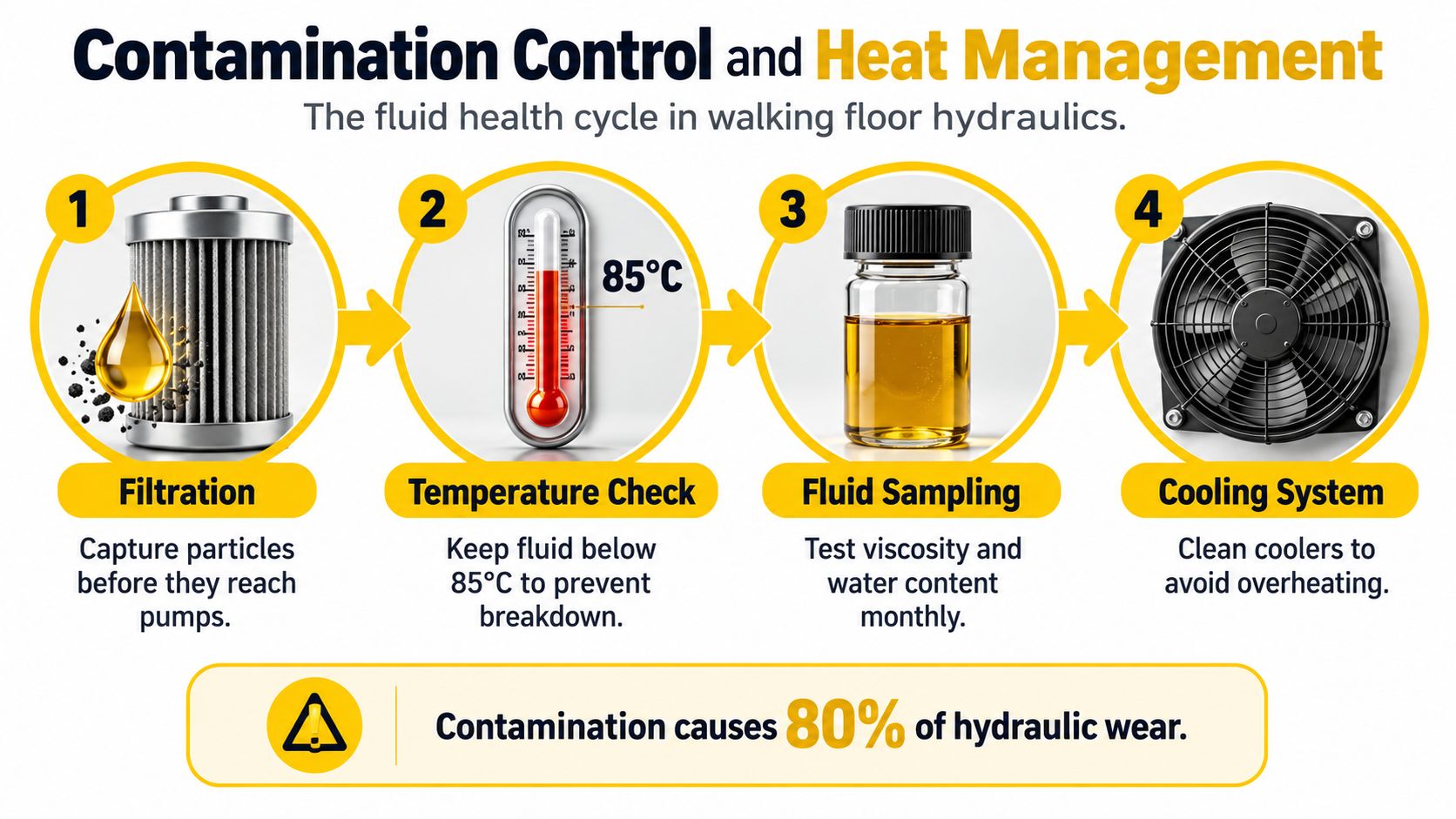 A diagram illustrating the fluid health cycle in walking floor hydraulics, emphasizing filtration, temperature checks, and cooling.