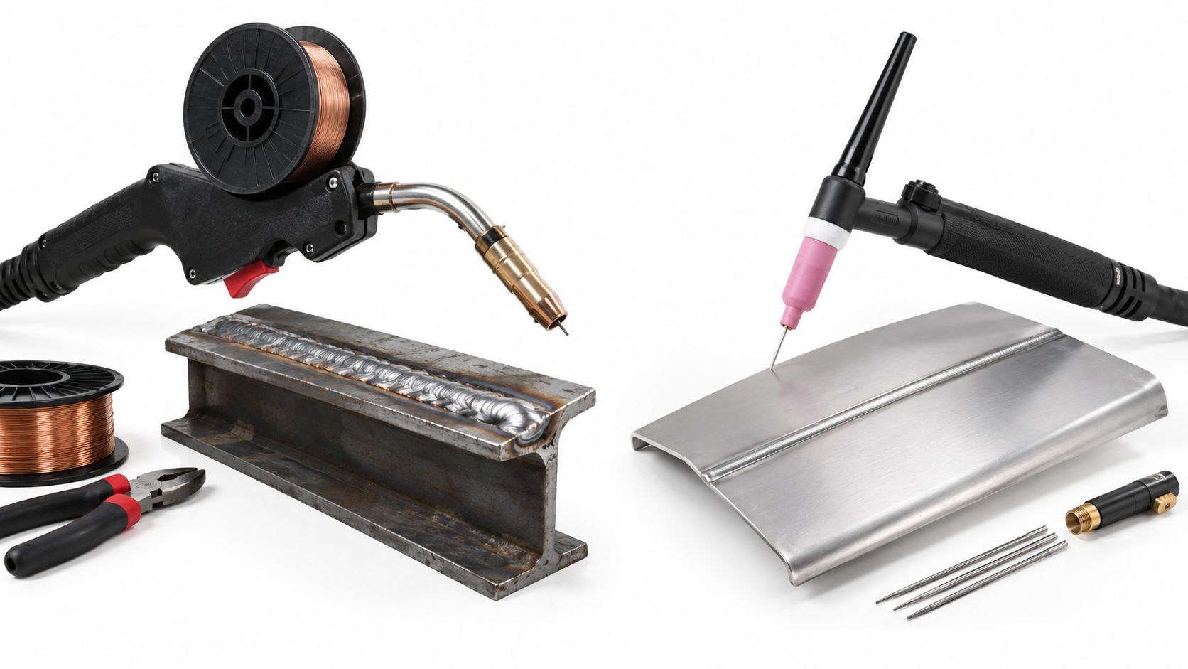 A professional welding equipment comparison showing a MIG welding gun and a TIG welding torch with materials.