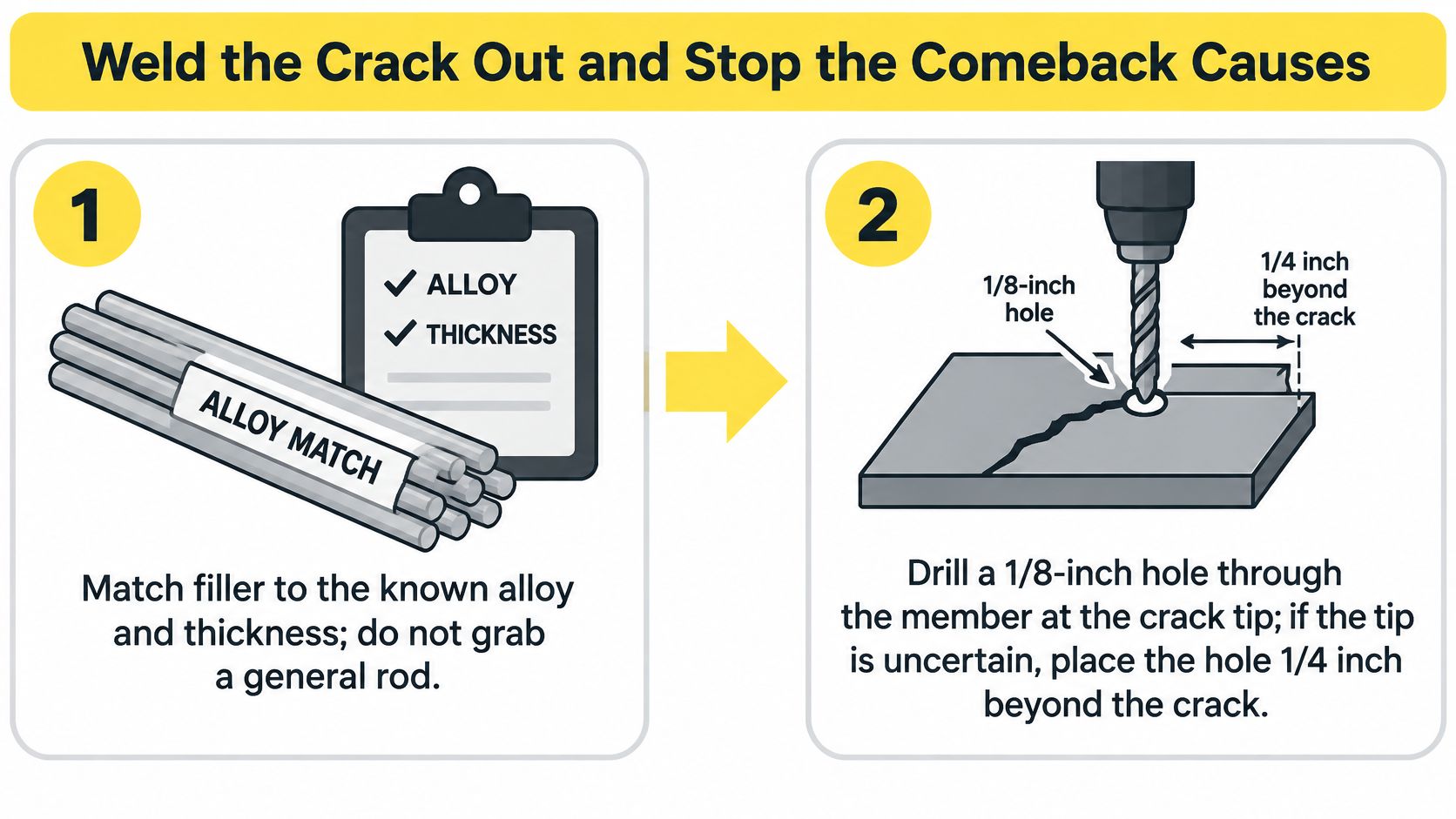 A diagram illustrating two steps for professional metal crack repair including alloy selection and drilling stop holes.